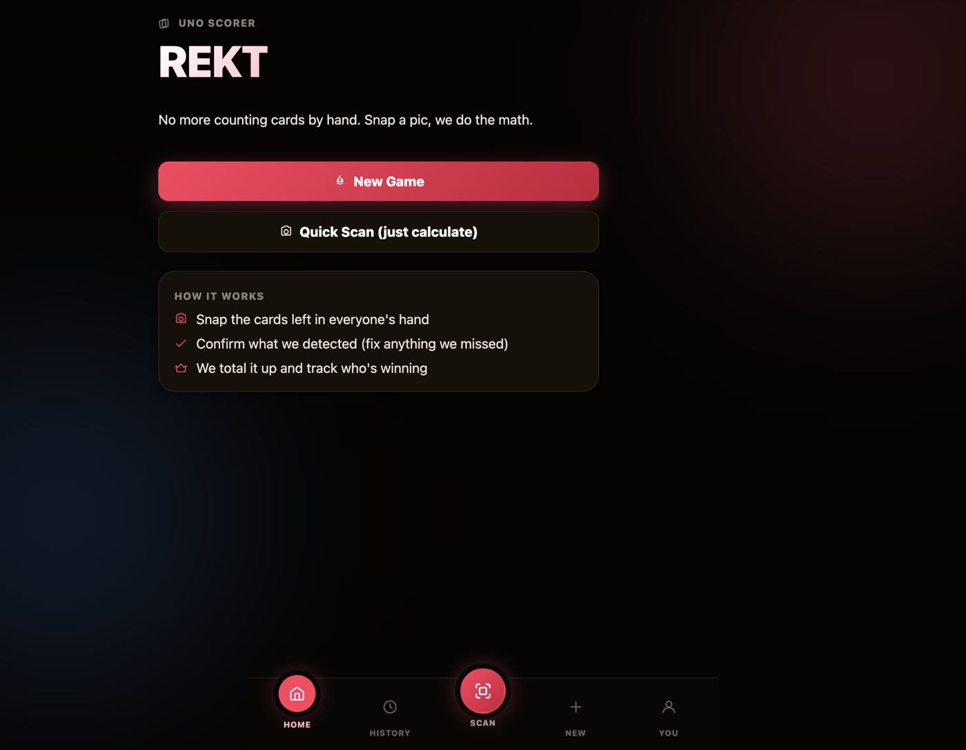 REKT UNO scorer app screenshot